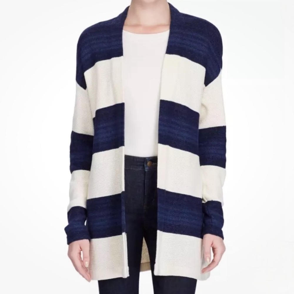 Ralph Lauren | Navy Blue Striped Linen Long Open Cardigan Sweater Size Large